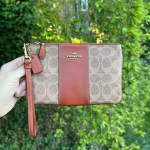 COACH Women's Signature Small Wristlet Brown/Tan w Gold Hardware AUTHENTIC